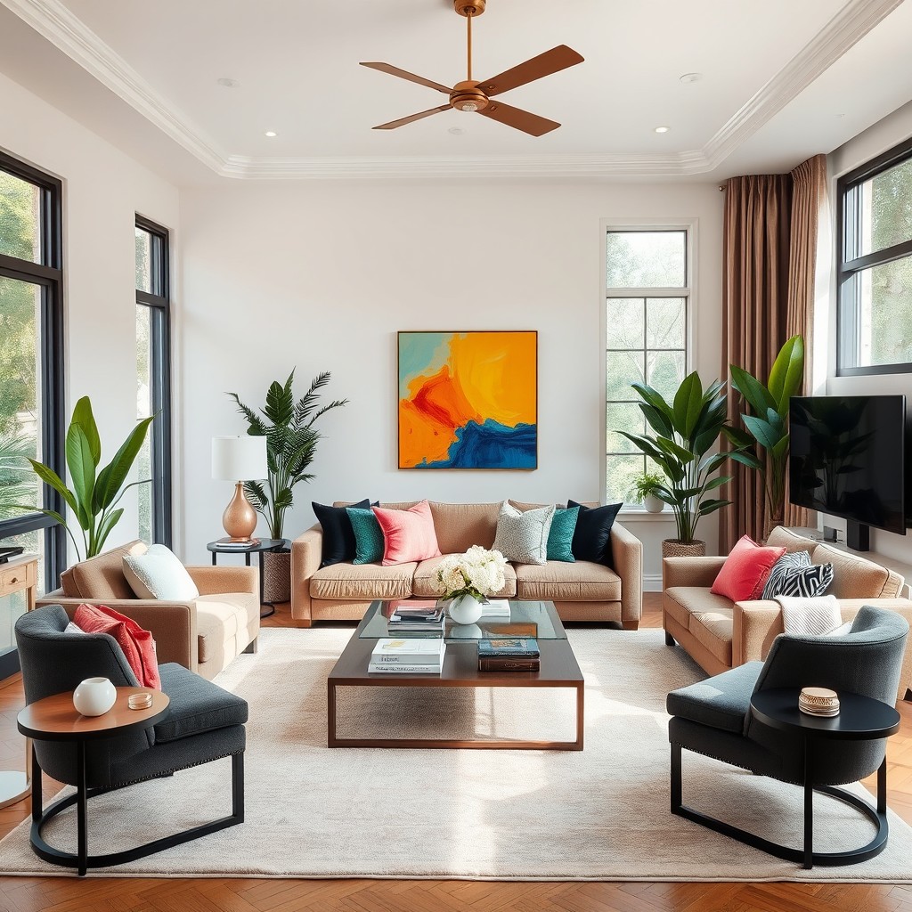 A beautifully redecorated living room featuring a modern and elegant aesthetic