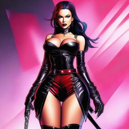 A digital art piece featuring a dominatrix character