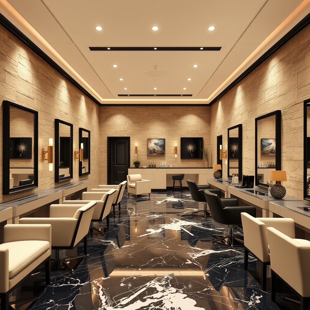 A luxurious and classy women's spa and hair salon with a warm brown and beige overall theme