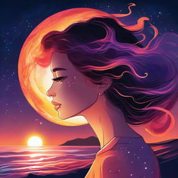 Create a cosmic illustration of a side-profile woman observing a sunset on a beach in outer space. Her hair is composed of brilliant, luminous flames.