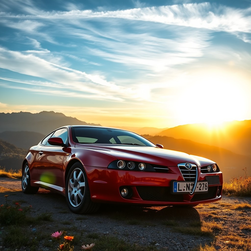 A shiny red Alfa Romeo 156 parked on a scenic overlook with mountains in the background