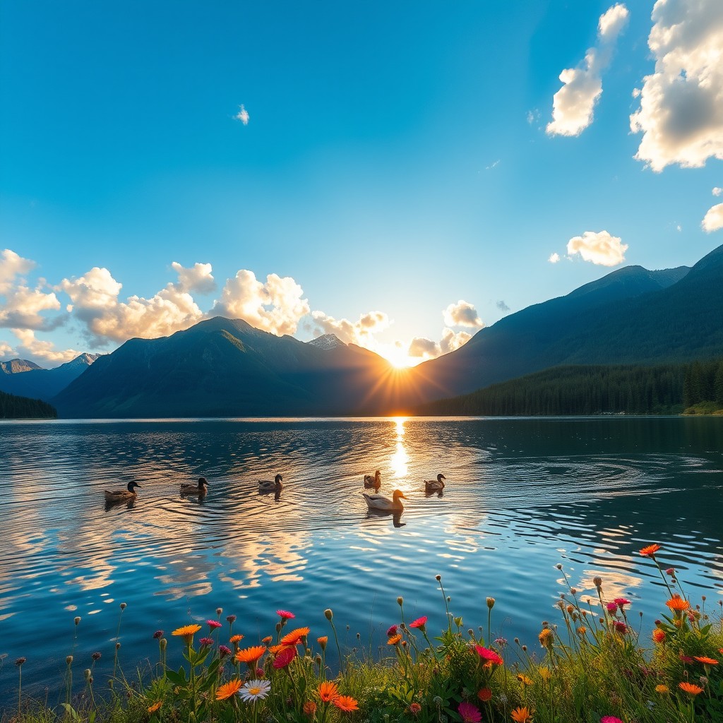 A majestic and serene landscape featuring a vast, tranquil lake surrounded by lush green forests and majestic mountains, under a clear blue sky with fluffy white clouds