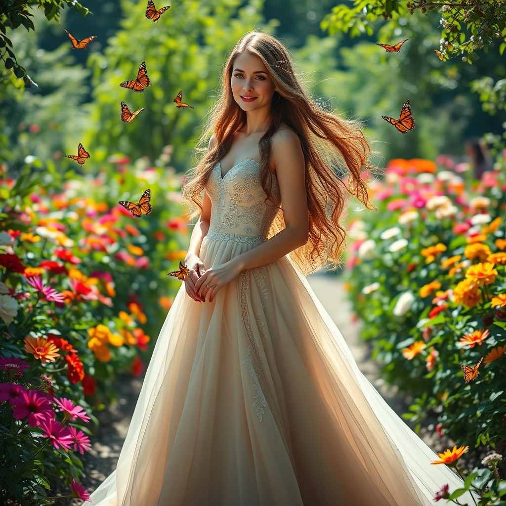 An elegant woman with long, flowing hair, dressed in a beautiful, flowing gown, standing in a serene garden filled with vibrant flowers and lush greenery