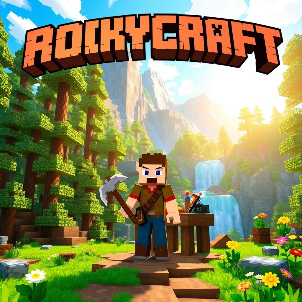 A thrilling scene depicting the beginning of a survival series titled "RockyCraft"