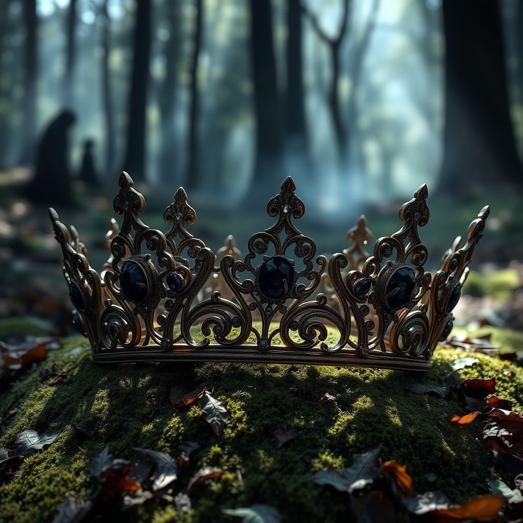 A beautifully crafted fallen crown, intricately designed with ornate filigree and embedded with sparkling dark gemstones