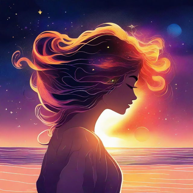 Create a cosmic illustration of a side-profile woman observing a sunset on a beach in outer space. Her hair is composed of brilliant, luminous flames.