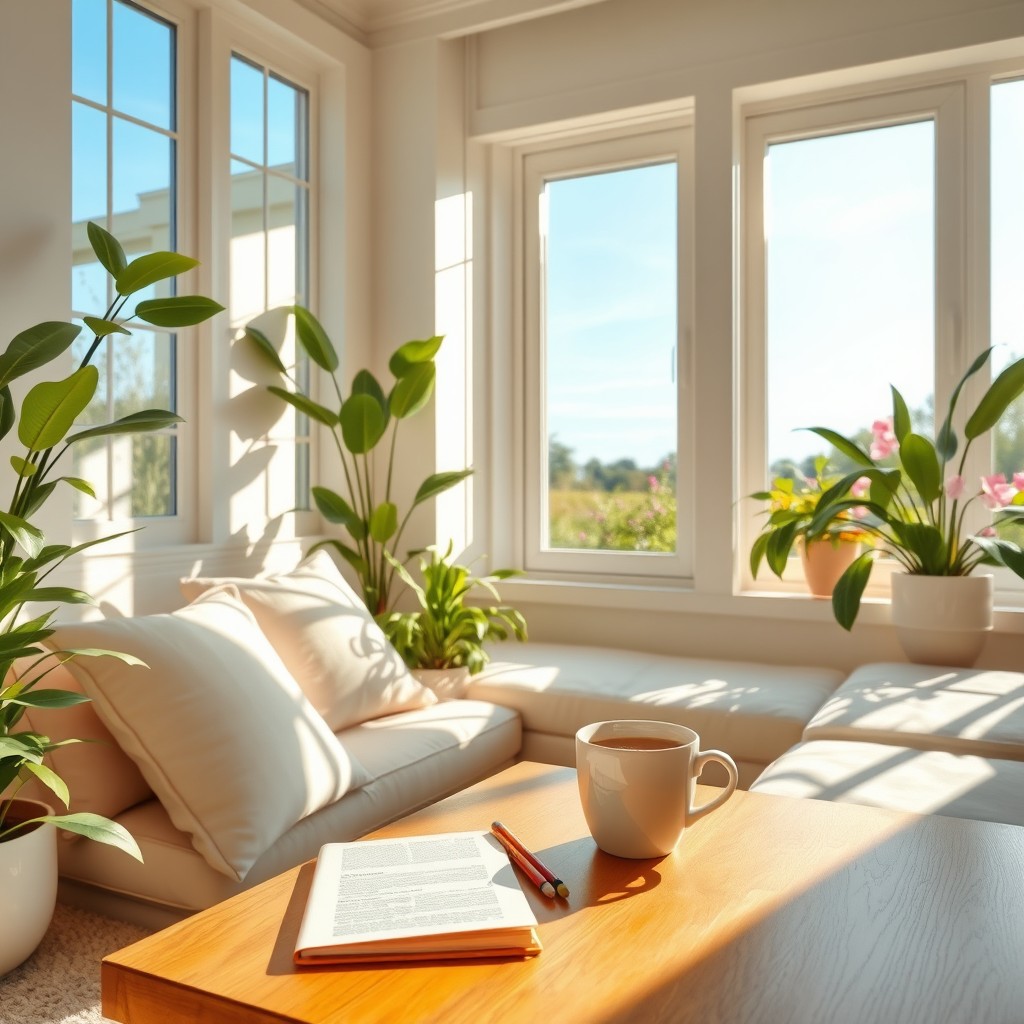 A serene and uplifting scene that embodies the concepts of positive mindset and a light, joyful life