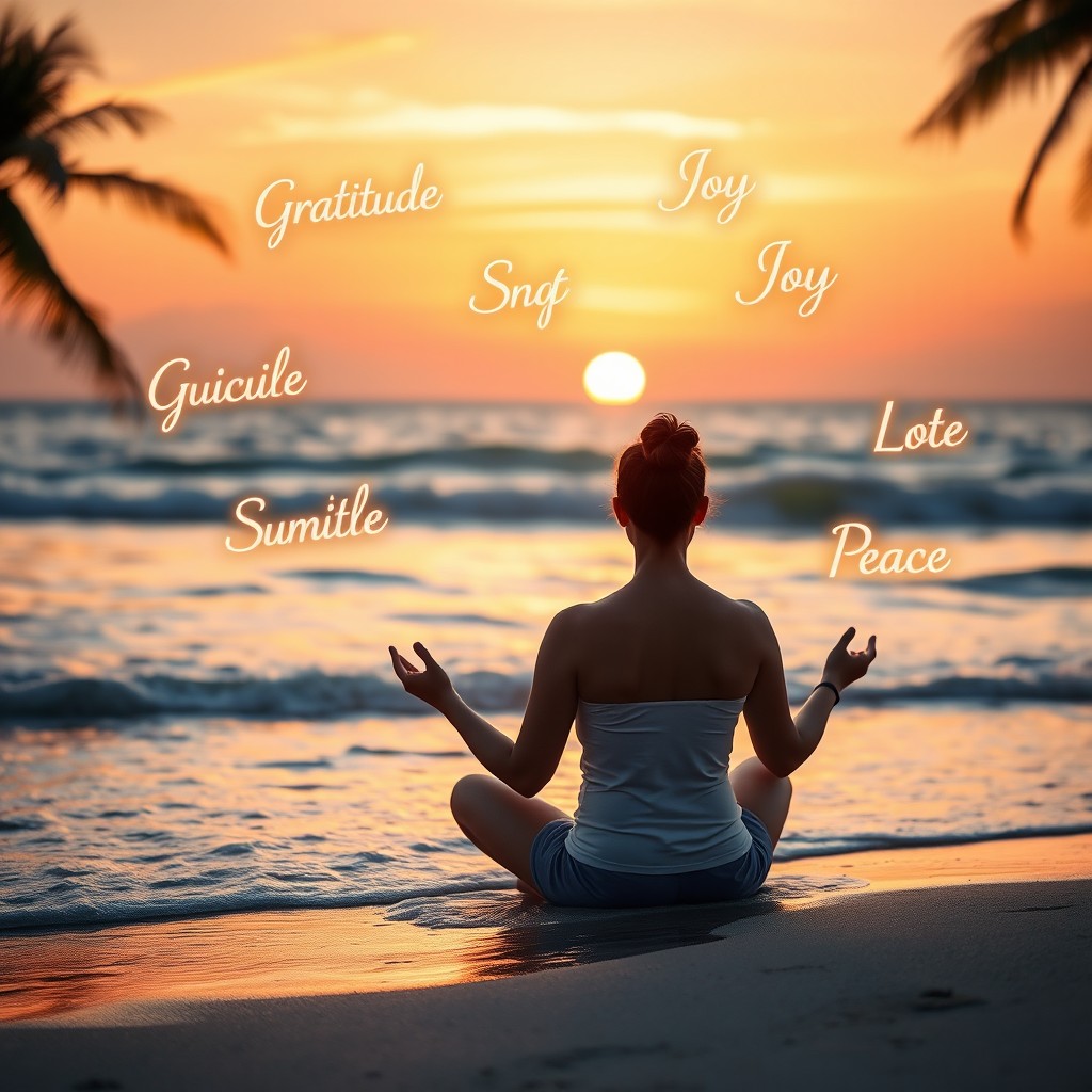 A bright and uplifting scene depicting a person meditating on a beach during sunrise, surrounded by tranquil waves and gentle palm trees