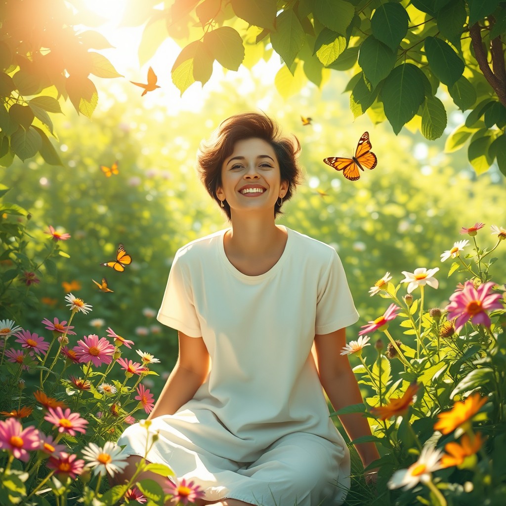 An uplifting and serene scene depicting a person enjoying a peaceful moment in nature, surrounded by lush greenery and vibrant flowers