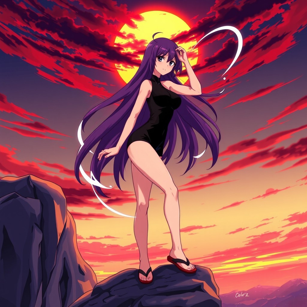 A vibrant, action-packed illustration of Yoruichi Shihouin, a character from the anime 'Bleach'