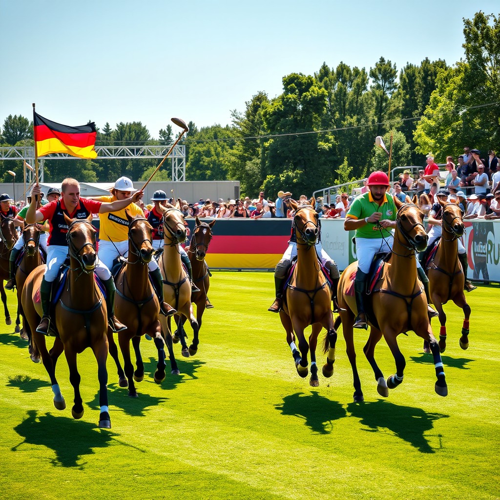 A vibrant and dynamic polo match taking place on a lush green track, featuring players dressed in traditional polo attire, including white pants and colorful jerseys