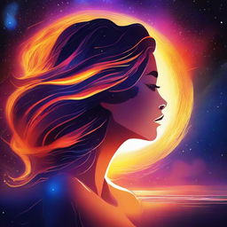 Create a cosmic illustration of a side-profile woman observing a sunset on a beach in outer space. Her hair is composed of brilliant, luminous flames.