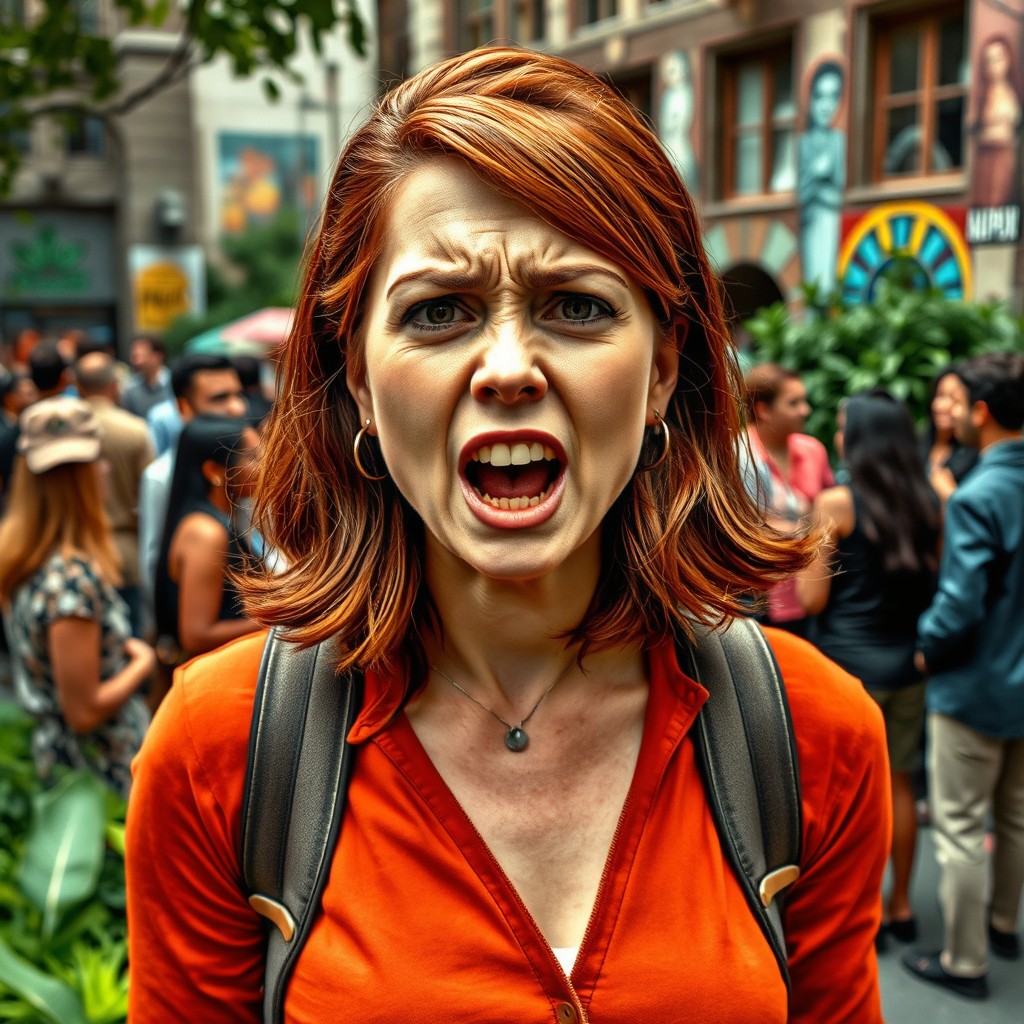 A dramatic scene in an urban setting where a woman, named Anna, is passionately expressing her frustration