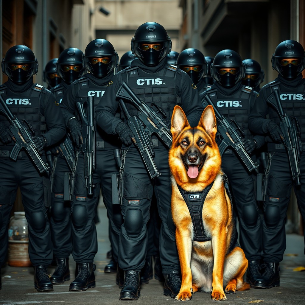 A hyper-realistic scene featuring a team of ten highly trained individuals dressed in sleek black tactical gear, each equipped with rifles