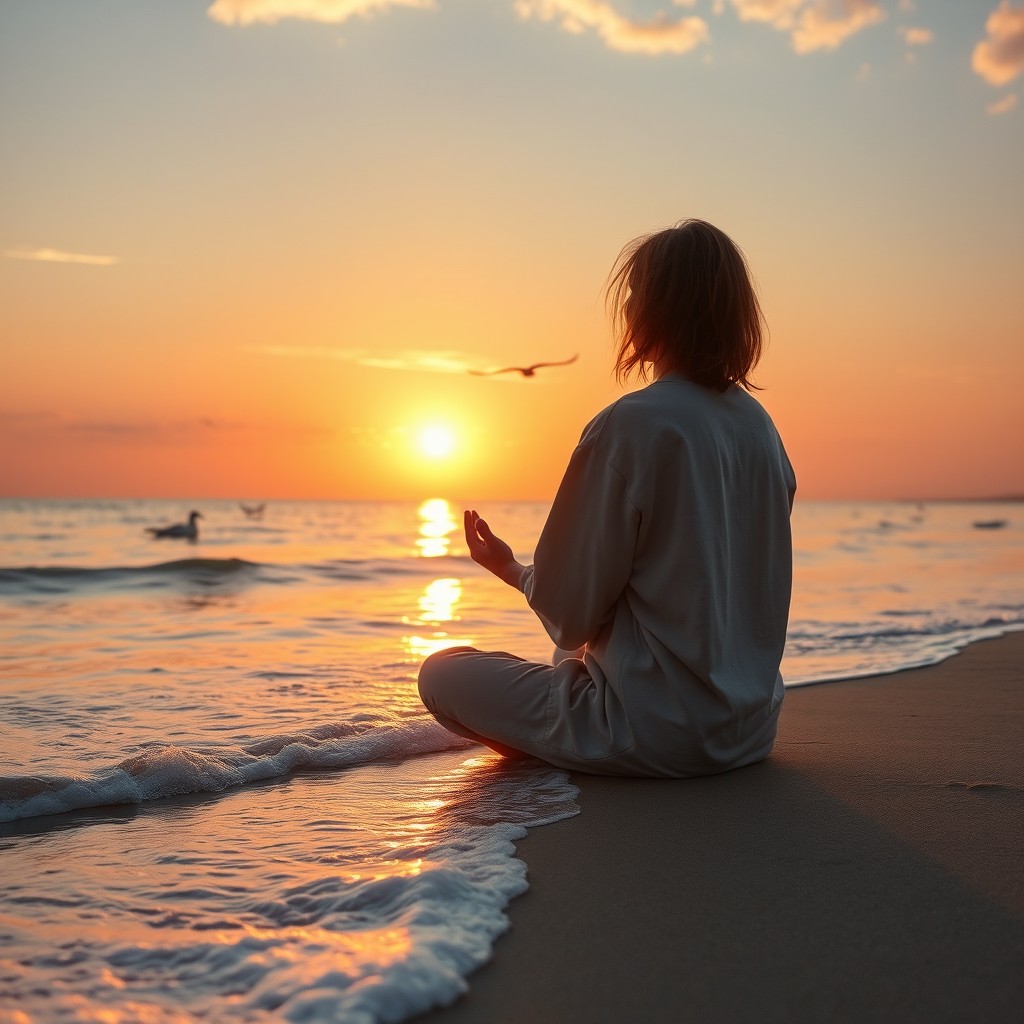 A serene scene depicting a person sitting cross-legged on a peaceful beach during sunset, engaging in meditation to overcome overthinking