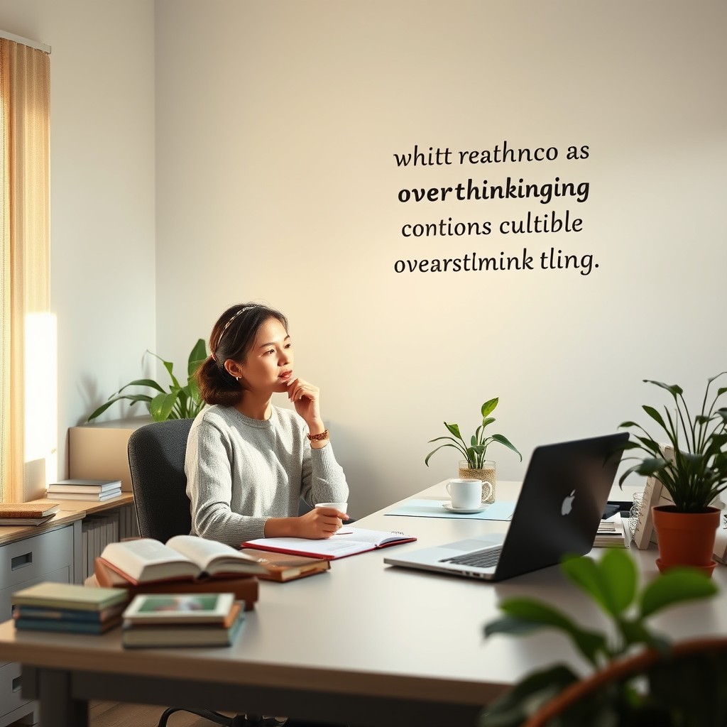 A serene office setting, featuring a person sitting at a desk with a thoughtful expression, surrounded by books and a laptop