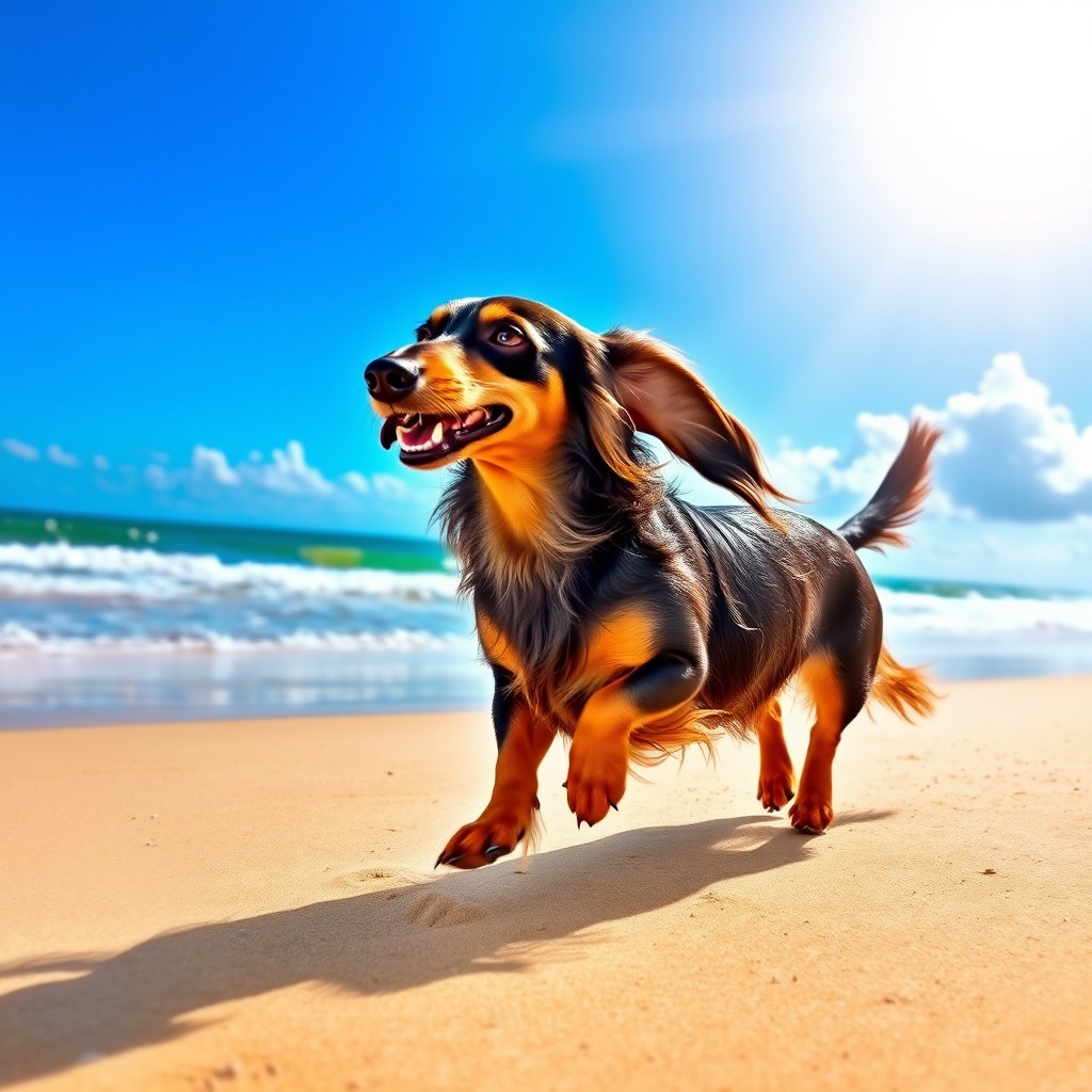 A happy dachshund with long hair running playfully on a sandy beach, with waves gently crashing in the background