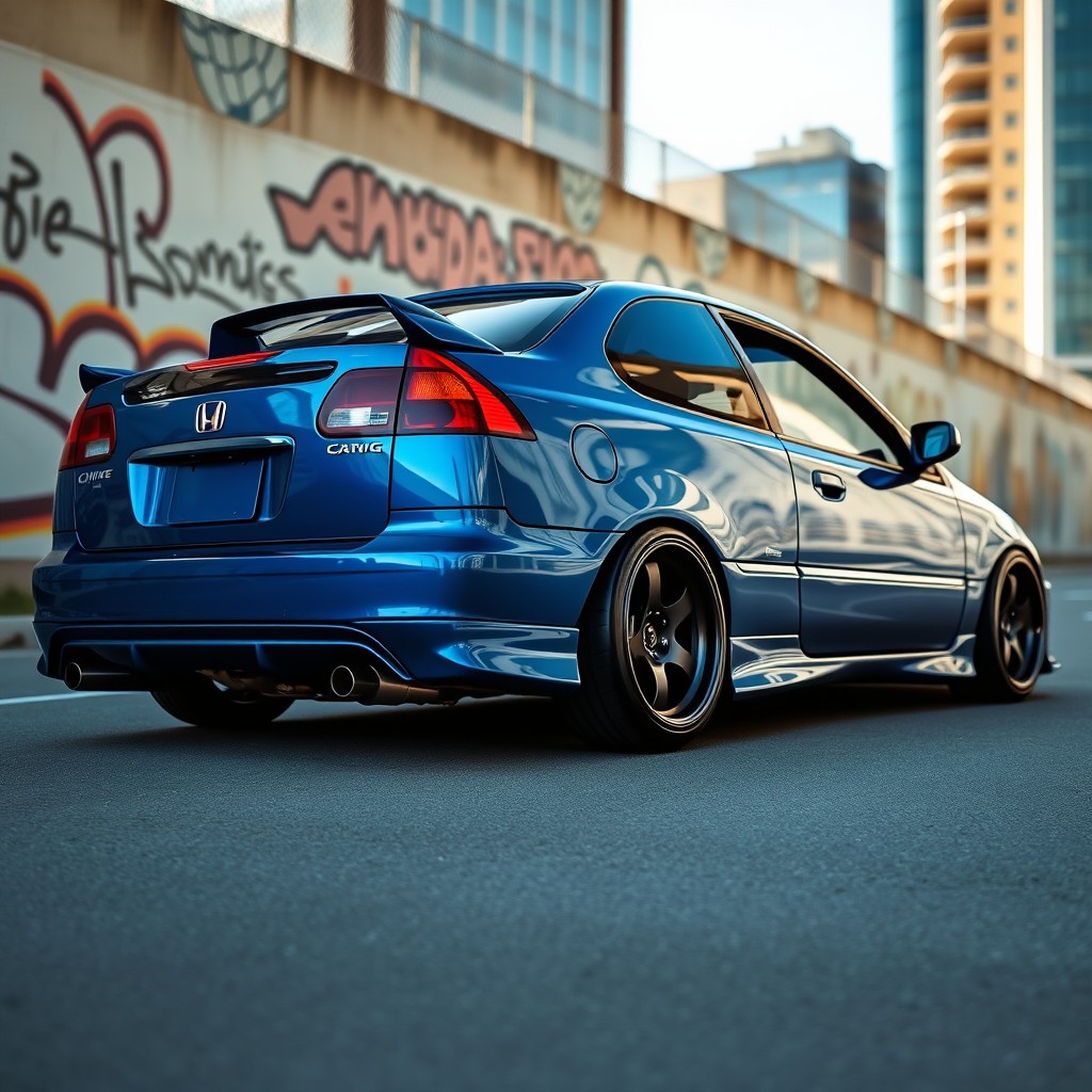 A stunning 1998 Honda Civic MB3 showcased in a sleek stance style, featuring a low profile with an aggressive look, wide wheels, and a lowered suspension for that perfect sporty aesthetic