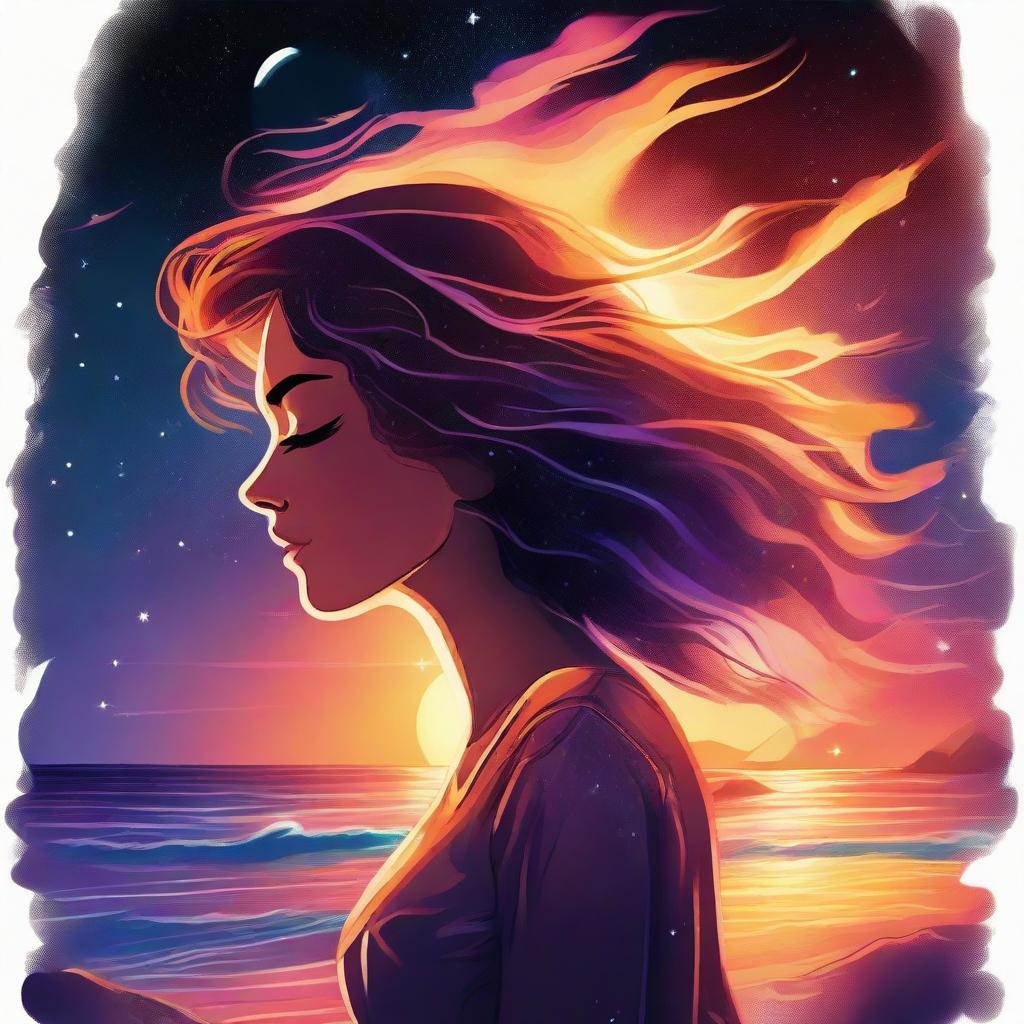 Create a cosmic illustration of a side-profile woman observing a sunset on a beach in outer space. Her hair is composed of brilliant, luminous flames.