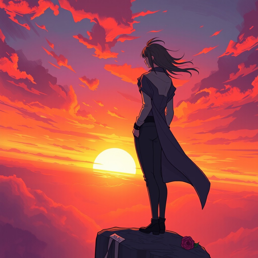 A dramatic and emotional illustration depicting a character standing on a cliff's edge, gazing into a beautiful sunset with a melancholic yet passionate expression, symbolizing sacrifice and devotion