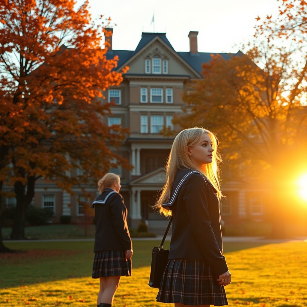 A large, impressive boarding school artfully framed at sunset during autumn, with trees displaying vibrant fall foliage