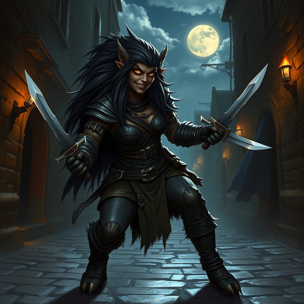 A female bugbear rogue, with long, shaggy black fur and piercing yellow eyes, wearing dark leather armor that hugs her athletic frame