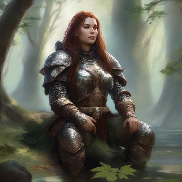 Submerged in profound meditation, a dwarven female kineticist, draped in her resilient heavy armor, methodically gathers the harmonious energy of nature around her, demonstrating her strong affinity to the natural world.