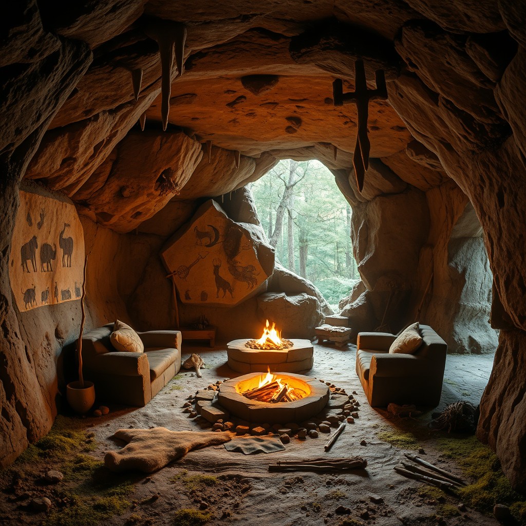 A mystical cave interior serving as a cozy home for a caveman