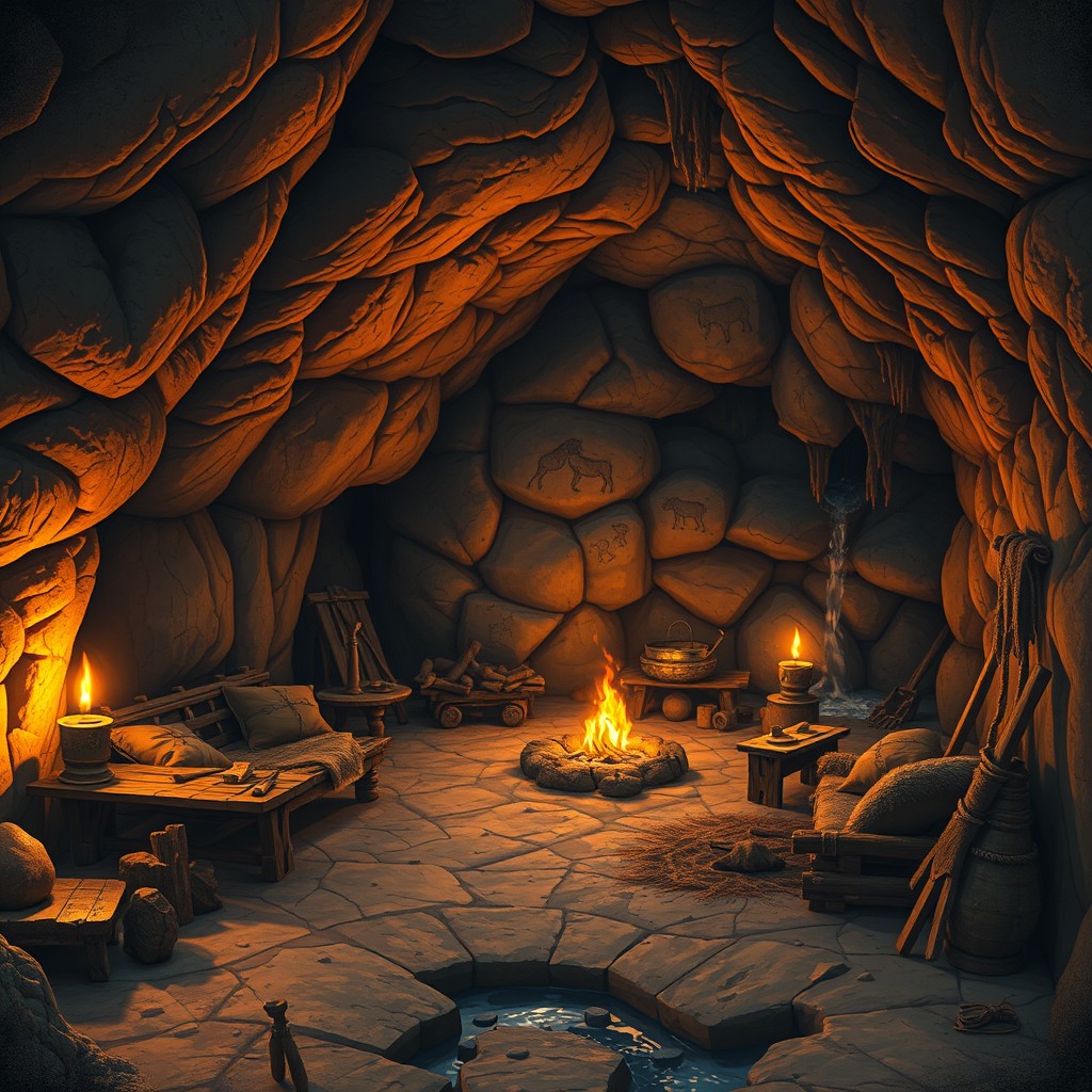 A detailed and atmospheric image of a cave interior designed as a cozy home for a caveman