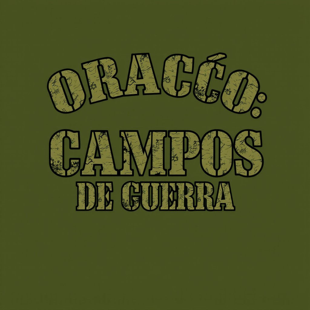 A t-shirt design featuring the phrase "Oração: Campos de Guerra" in bold, army-style typography
