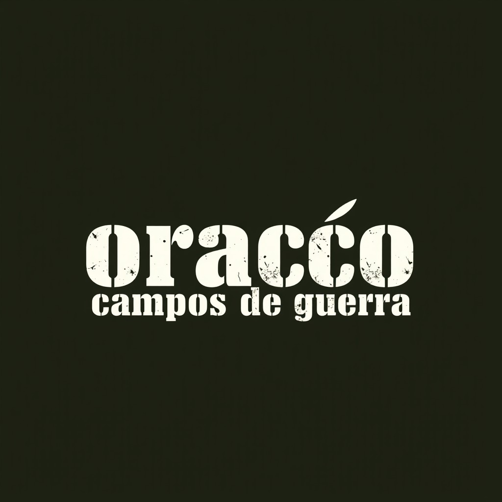 A military-style t-shirt design featuring the phrase "oração: campos de guerra" prominently displayed
