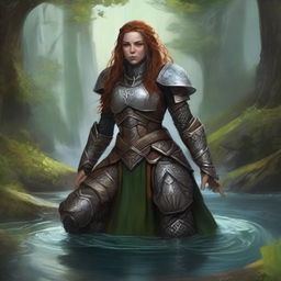 Submerged in profound meditation, a dwarven female kineticist, draped in her resilient heavy armor, methodically gathers the harmonious energy of nature around her, demonstrating her strong affinity to the natural world.