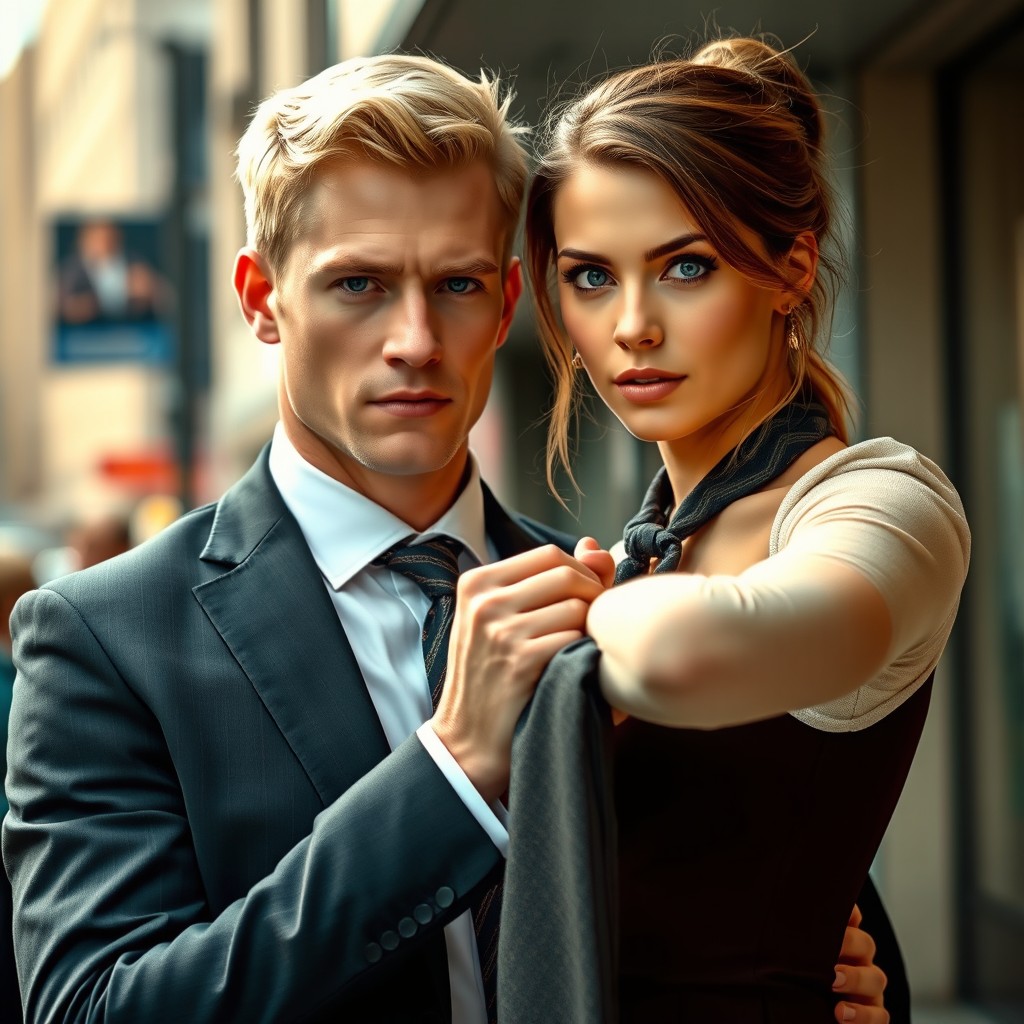 A blond-haired, blue-eyed man dressed in a stylish modern suit, confidently holding a light brown-haired, blue-eyed woman by the wrist using a fashionable necktie