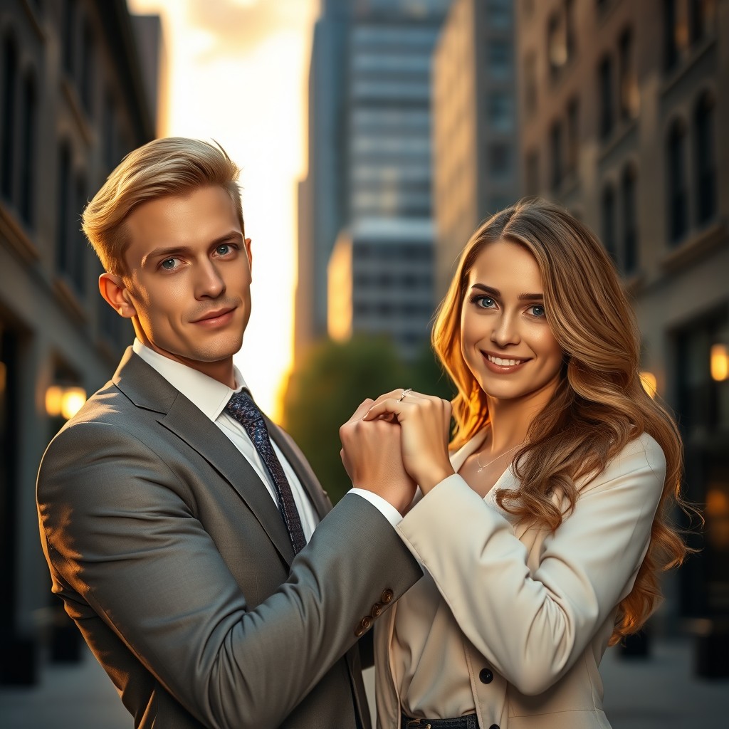 A blond-haired, blue-eyed man clad in a modern, tailored suit, firmly yet gently holding the wrist of a light brown-haired, blue-eyed woman with a smile