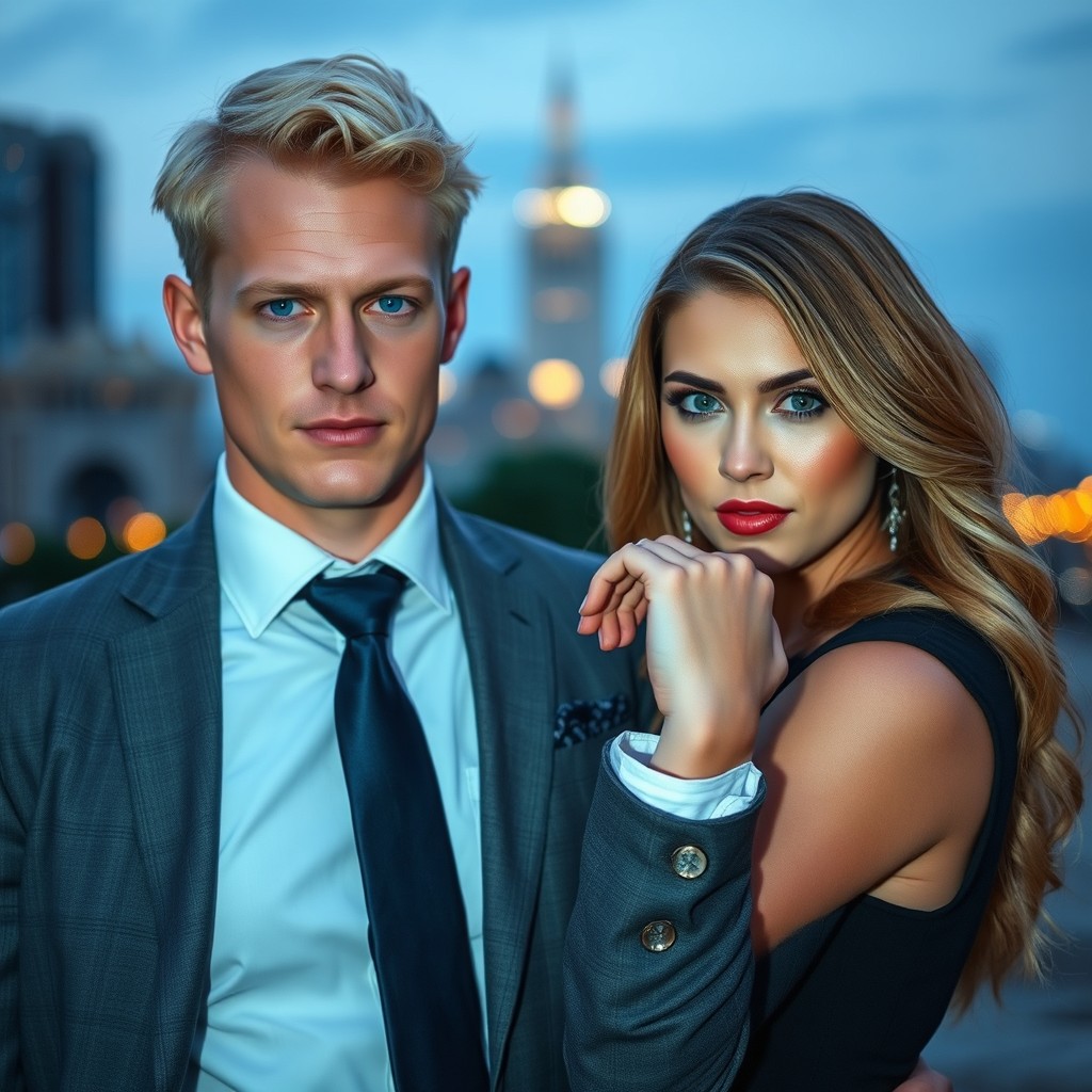 A blond-haired, blue-eyed man in a contemporary, sharply tailored suit confidently holds the wrist of a light brown-haired, blue-eyed woman using a stylish necktie