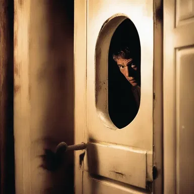 In the suspenseful thriller, the main character peered through the keyhole, trying to catch a glimpse of the danger lurking outside.