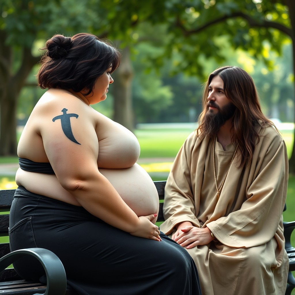 A 36-year-old woman with morbid obesity and dark brown hair, featuring a tattoo of a dagger piercing a black crescent moon