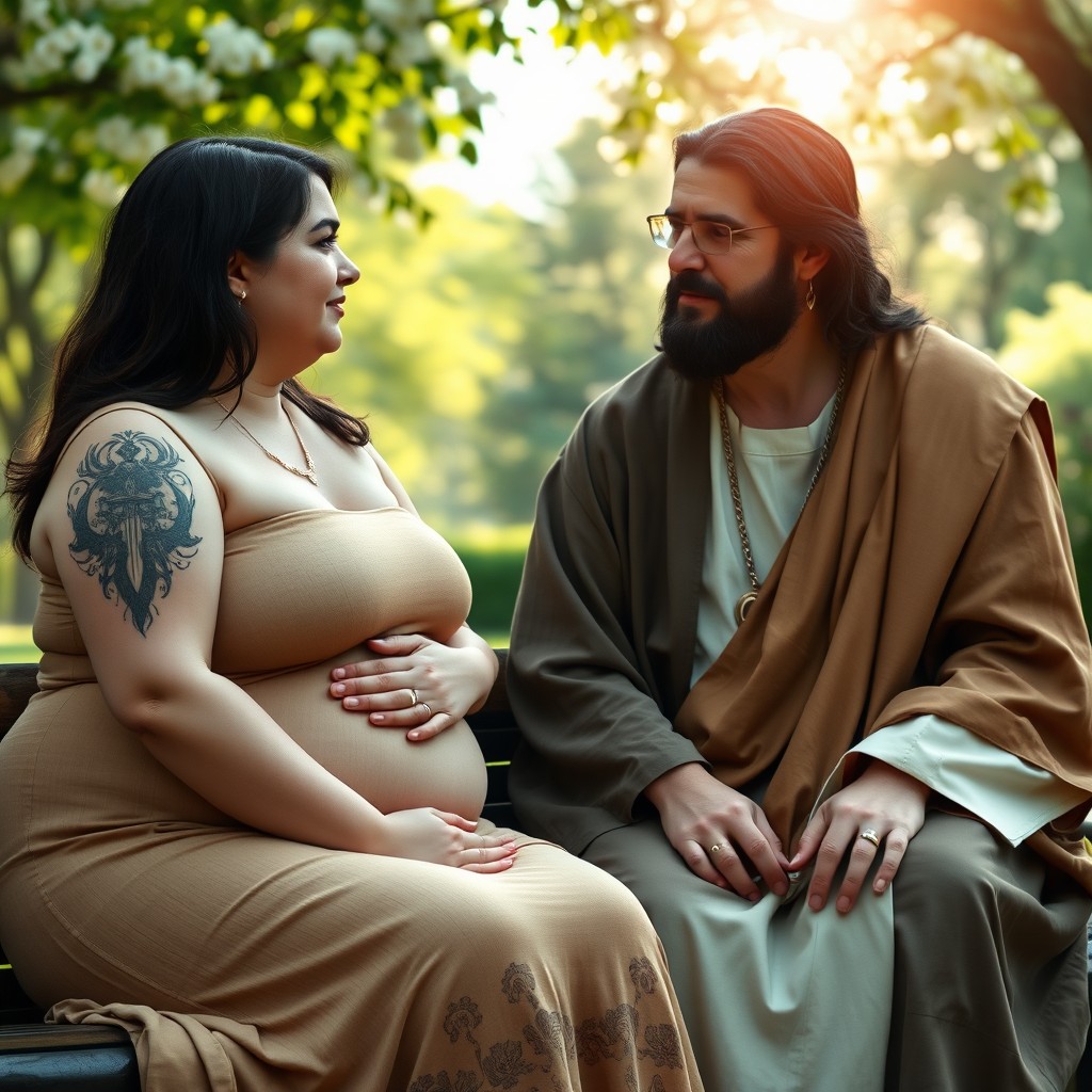 A 36-year-old woman with morbid obesity, dark brown hair, and a tattoo of a dagger piercing a black crescent moon, is seated on a bench having a conversation with Jesus Christ