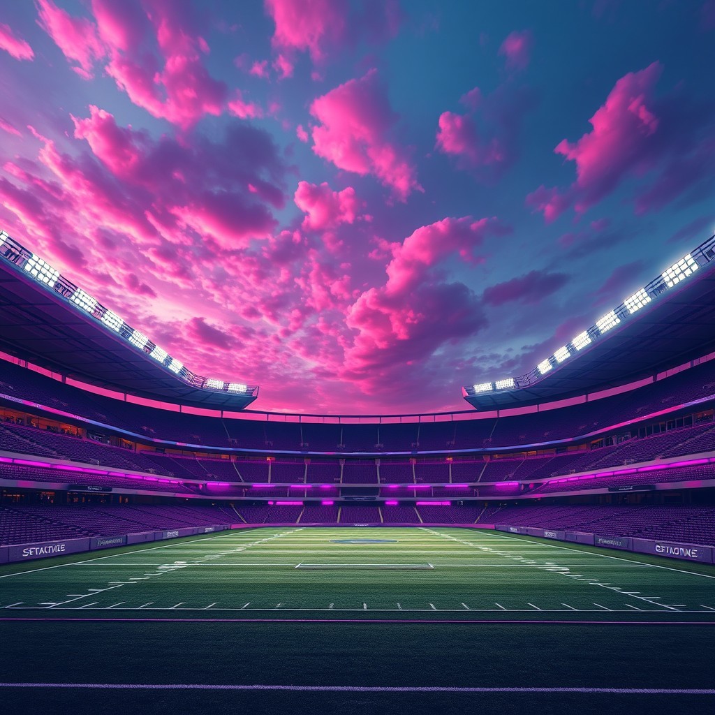 An empty football stadium illuminated with pink and purple lights, featuring a surreal sky with pink clouds at sunset