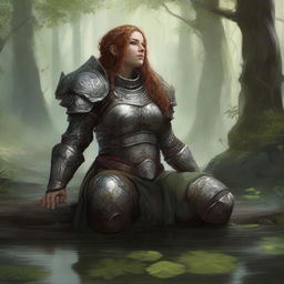 Submerged in profound meditation, a dwarven female kineticist, draped in her resilient heavy armor, methodically gathers the harmonious energy of nature around her, demonstrating her strong affinity to the natural world.