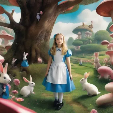 In 'Alice in Wonderland', Alice falls down a rabbit hole and enters a whimsical world.