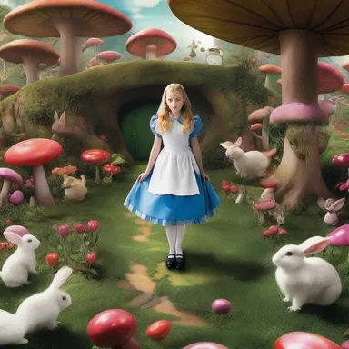 In 'Alice in Wonderland', Alice falls down a rabbit hole and enters a whimsical world.