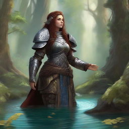 Submerged in profound meditation, a dwarven female kineticist, draped in her resilient heavy armor, methodically gathers the harmonious energy of nature around her, demonstrating her strong affinity to the natural world.