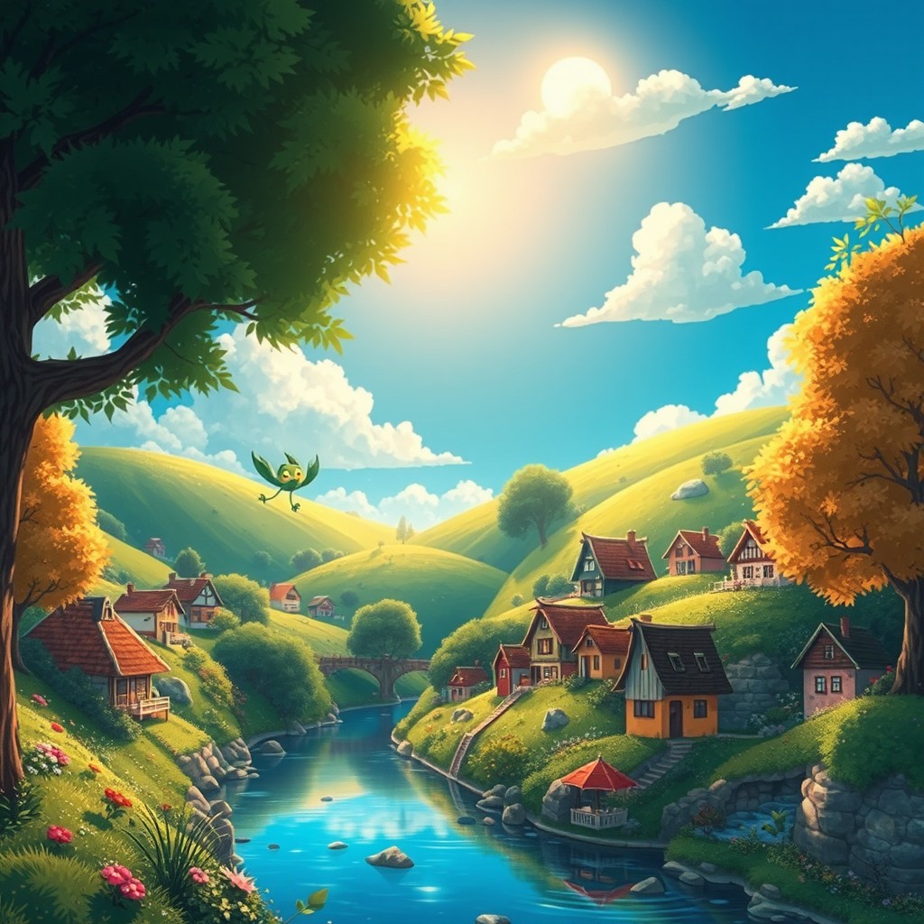 A vibrant and whimsical landscape inspired by Studio Ghibli, featuring lush green hills, a serene river, and charming, colorful houses nestled among the trees