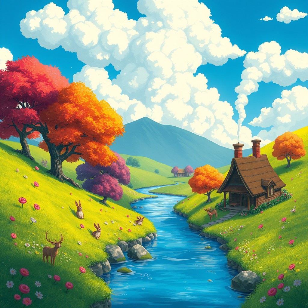 A fantastical landscape inspired by Studio Ghibli, showcasing lush green hills, whimsical trees with vibrant colors, and a serene blue sky with fluffy clouds