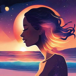 Craft a cosmic illustration of a side-profile woman at a beach during sunset in outer space. Her skin glows as if made from vibrant, flickering flames.