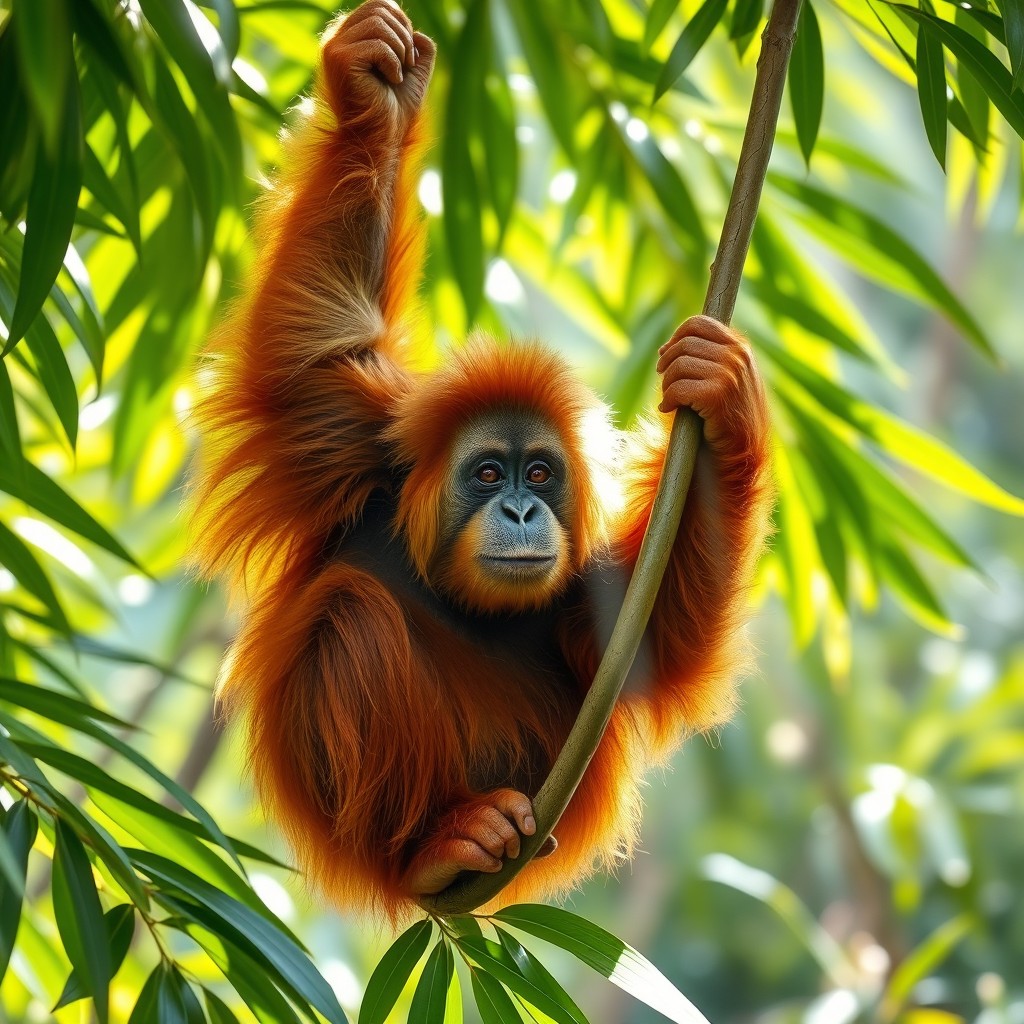 A majestic orangutan perched on a vibrant green tree branch, surrounded by lush tropical foliage