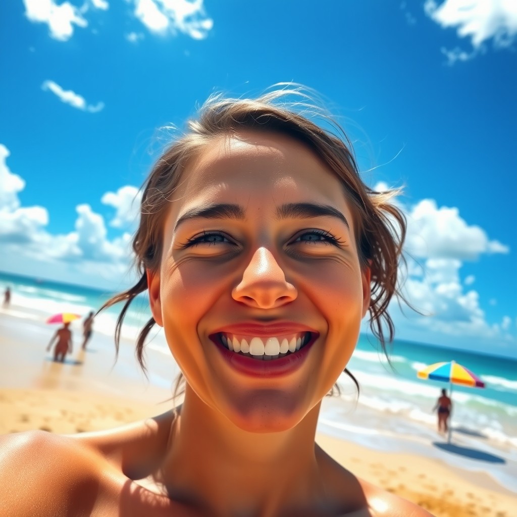 A person with a sun-kissed face and a joyful expression, standing on a picturesque beach with golden sand and gentle waves
