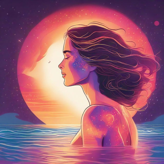 Craft a cosmic illustration of a side-profile woman at a beach during sunset in outer space. Her skin glows as if made from vibrant, flickering flames.