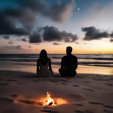 As the sun set, the couple sat on the beach holding hands, staring into the fire's glow and falling in love under the moonlit hole in the clouds.